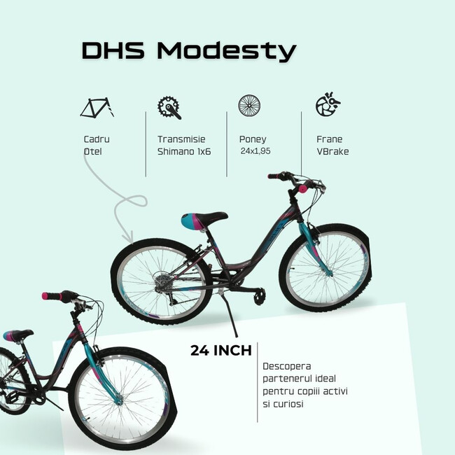Bicicleta Copii DHS Modesty - 24 Inch, Gri