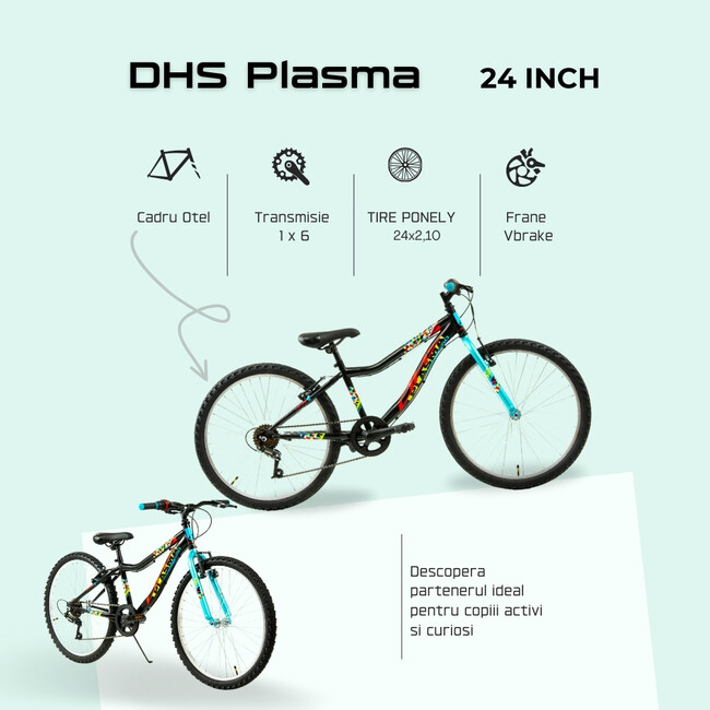 Bicicleta Copii DHS Plasma - 24 Inch, Negru-Roz